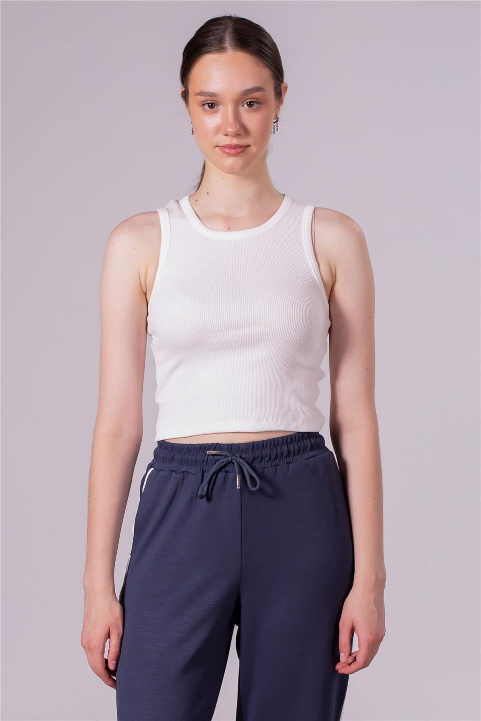 Bisiklet yaka crop body-DVN0189 Ekru