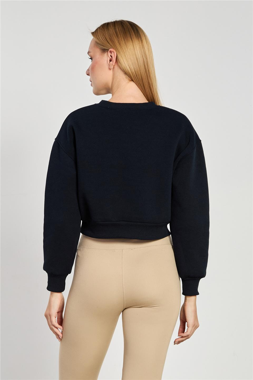 Bisiklet yaka crop sweatshirt-82-148 Lacivert