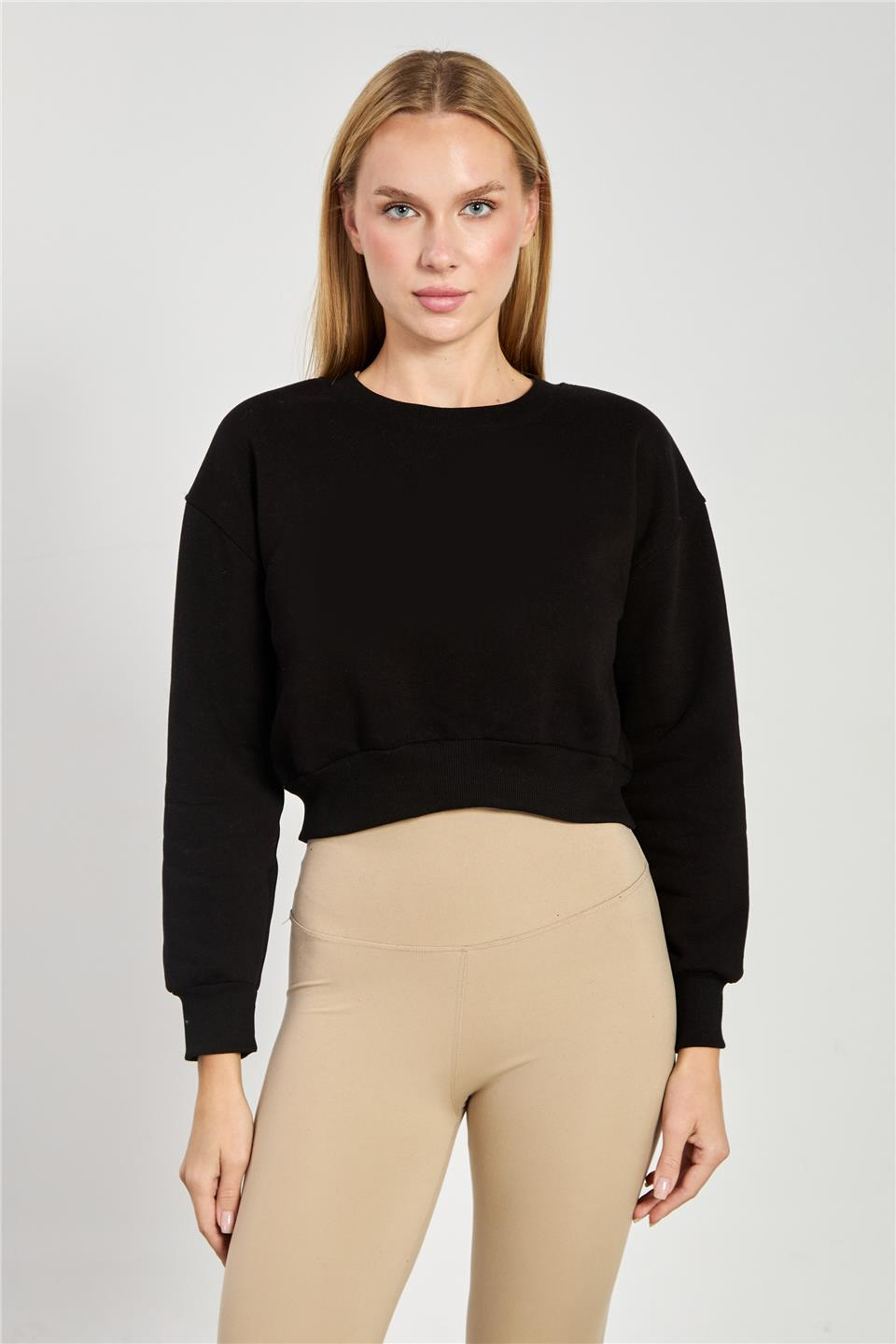 Bisiklet yaka crop sweatshirt-82-148 Siyah
