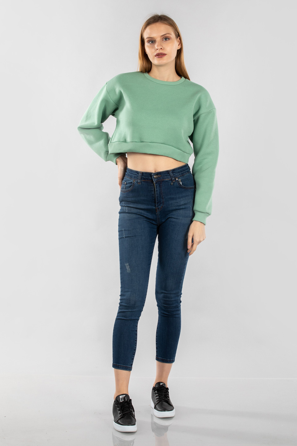Bisiklet yaka crop sweatshirt-9630 Mint