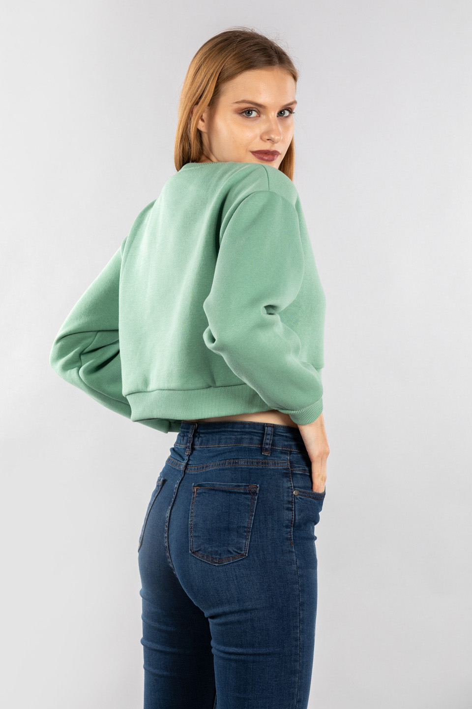Bisiklet yaka crop sweatshirt-9630 Mint