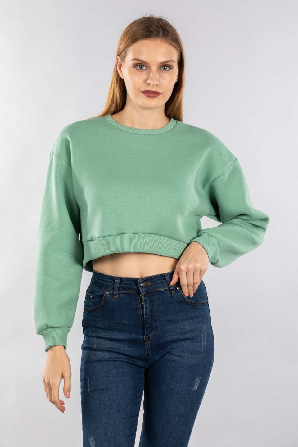Bisiklet yaka crop sweatshirt-9630 Mint