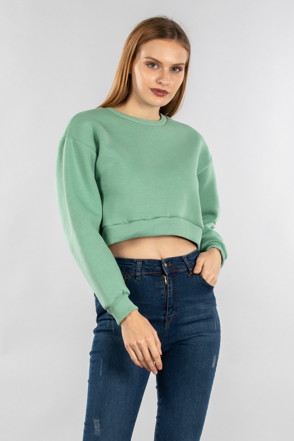 Bisiklet yaka crop sweatshirt-9630 Mint