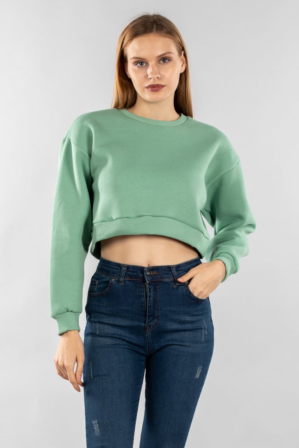 Bisiklet yaka crop sweatshirt-9630 Mint