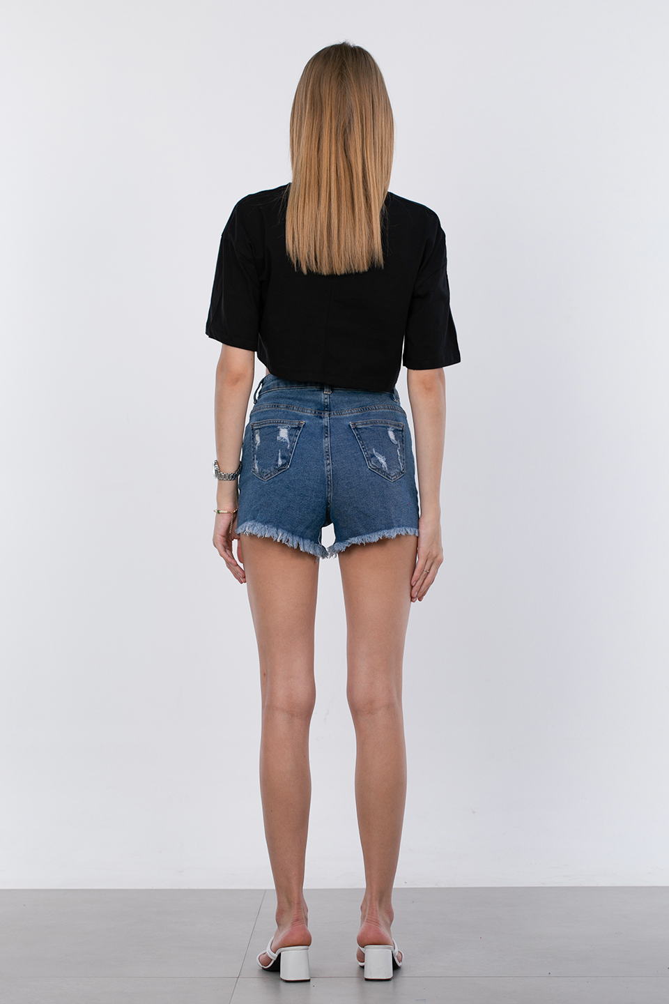 Bisiklet yaka crop t-shirt-10052 Siyah