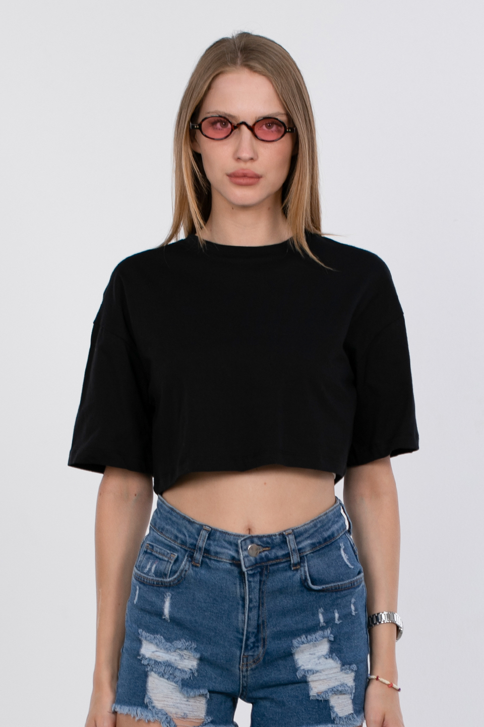 Bisiklet yaka crop t-shirt-10052 Siyah