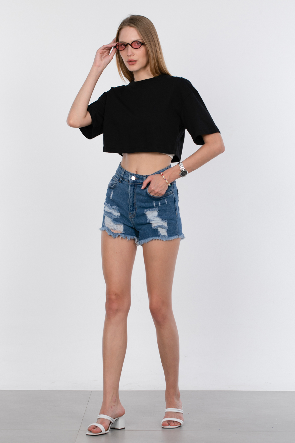 Bisiklet yaka crop t-shirt-10052 Siyah