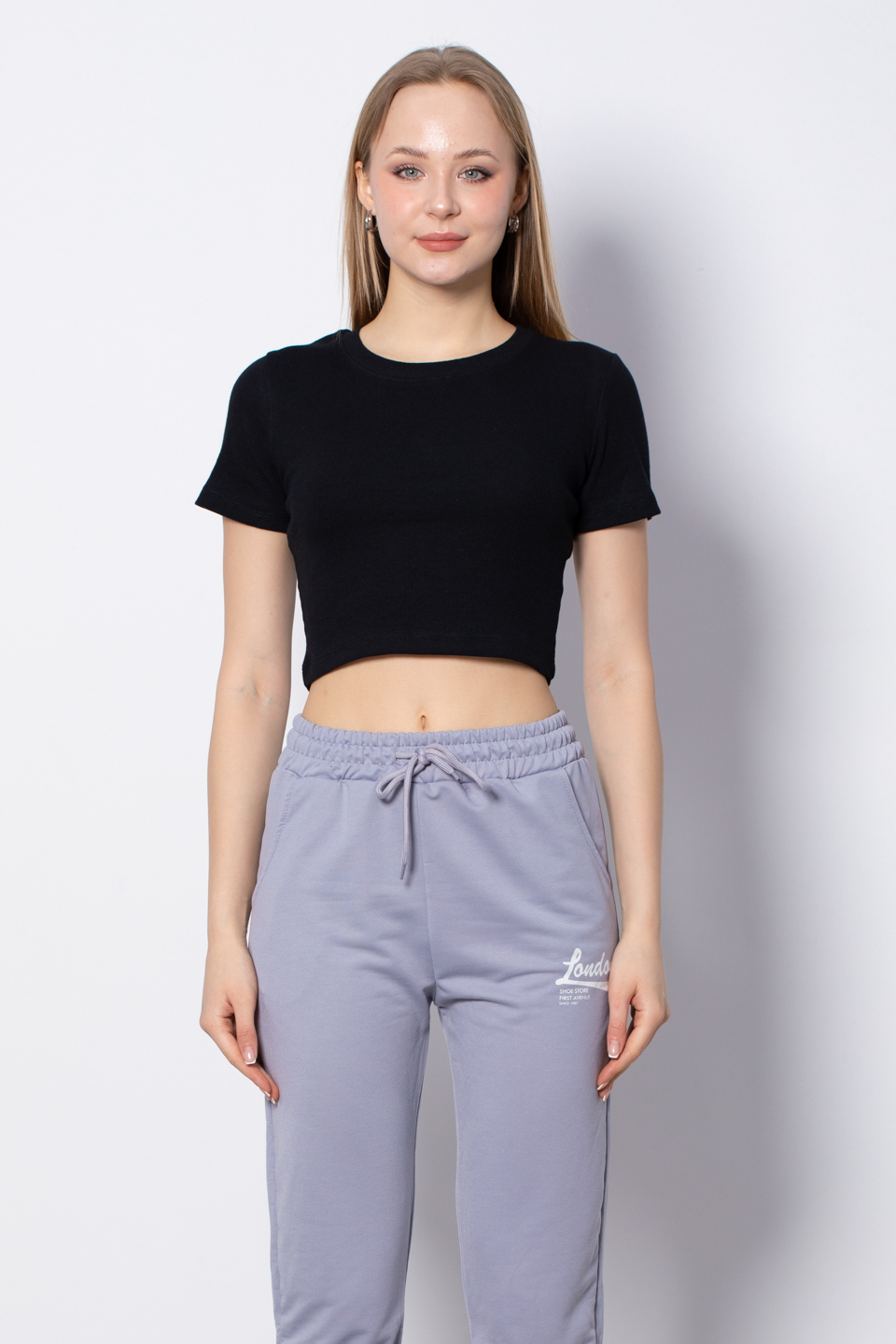 Bisiklet yaka crop t-shirt-DVN0561 Siyah