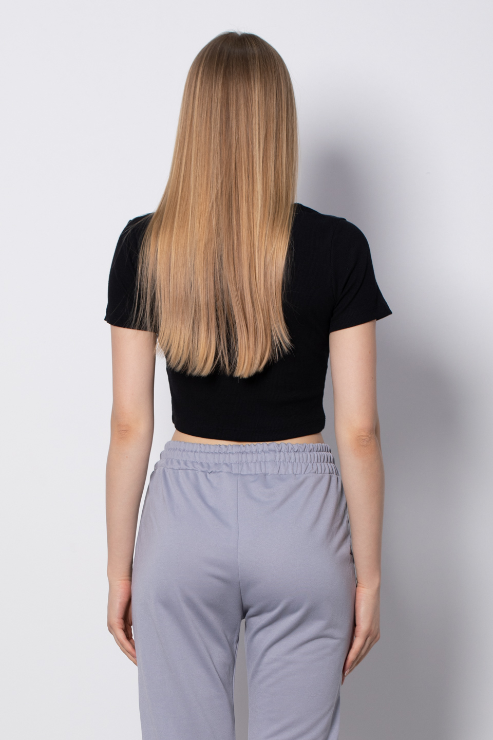 Bisiklet yaka crop t-shirt-DVN0561 Siyah