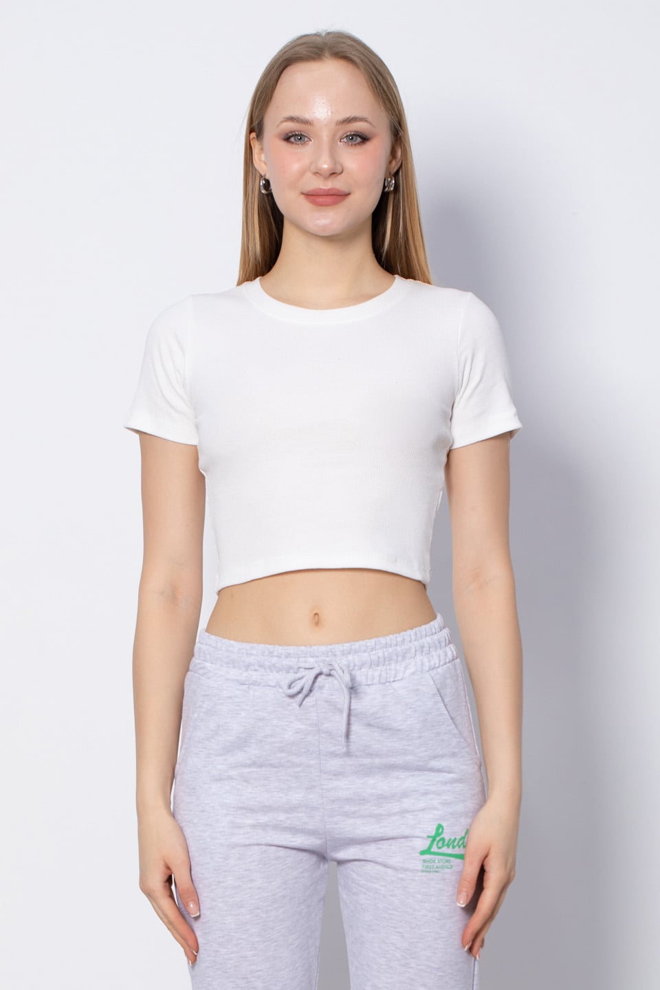 Bisiklet Yaka Crop T-Shirt - Ekru