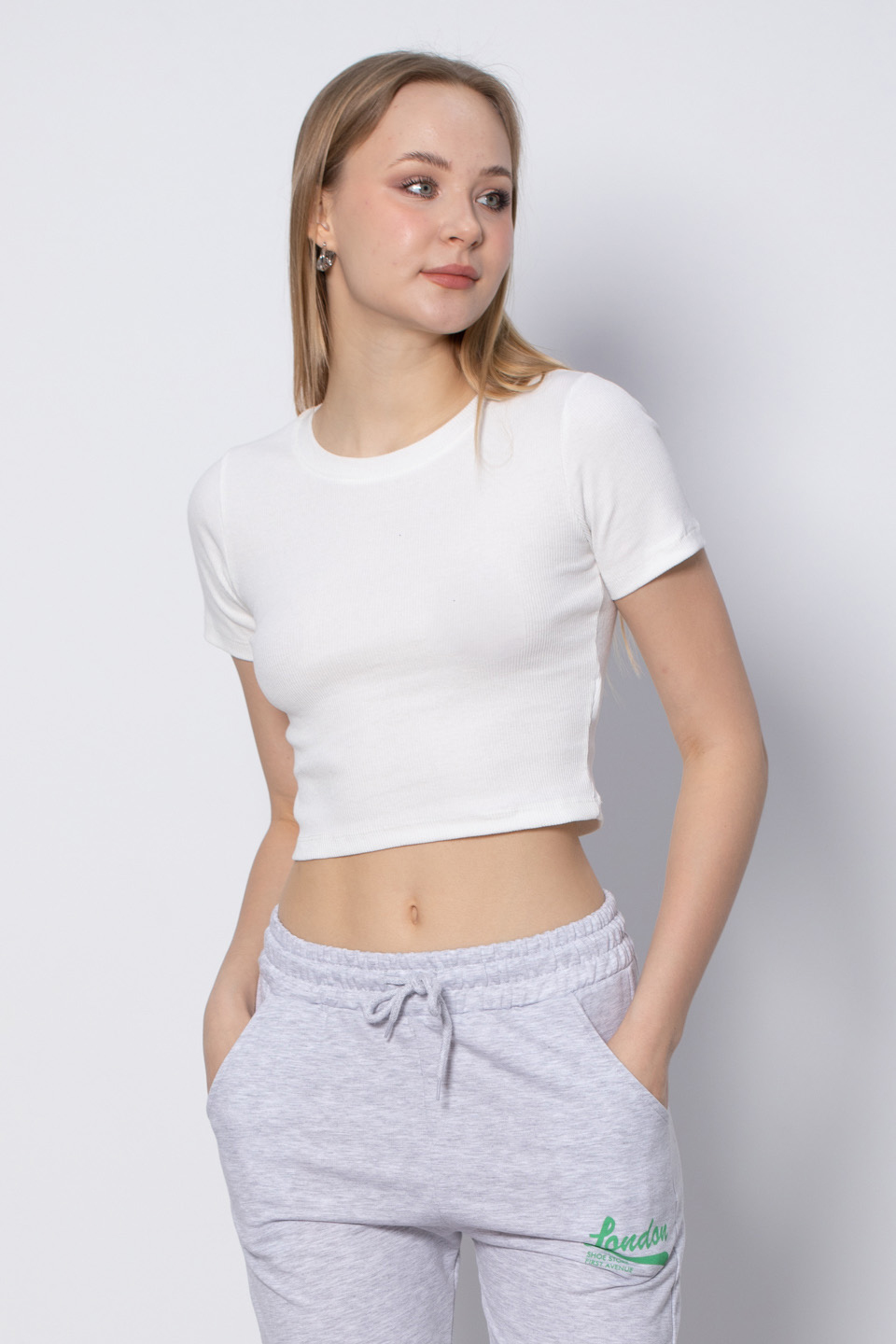 Bisiklet Yaka Crop T-Shirt - Ekru