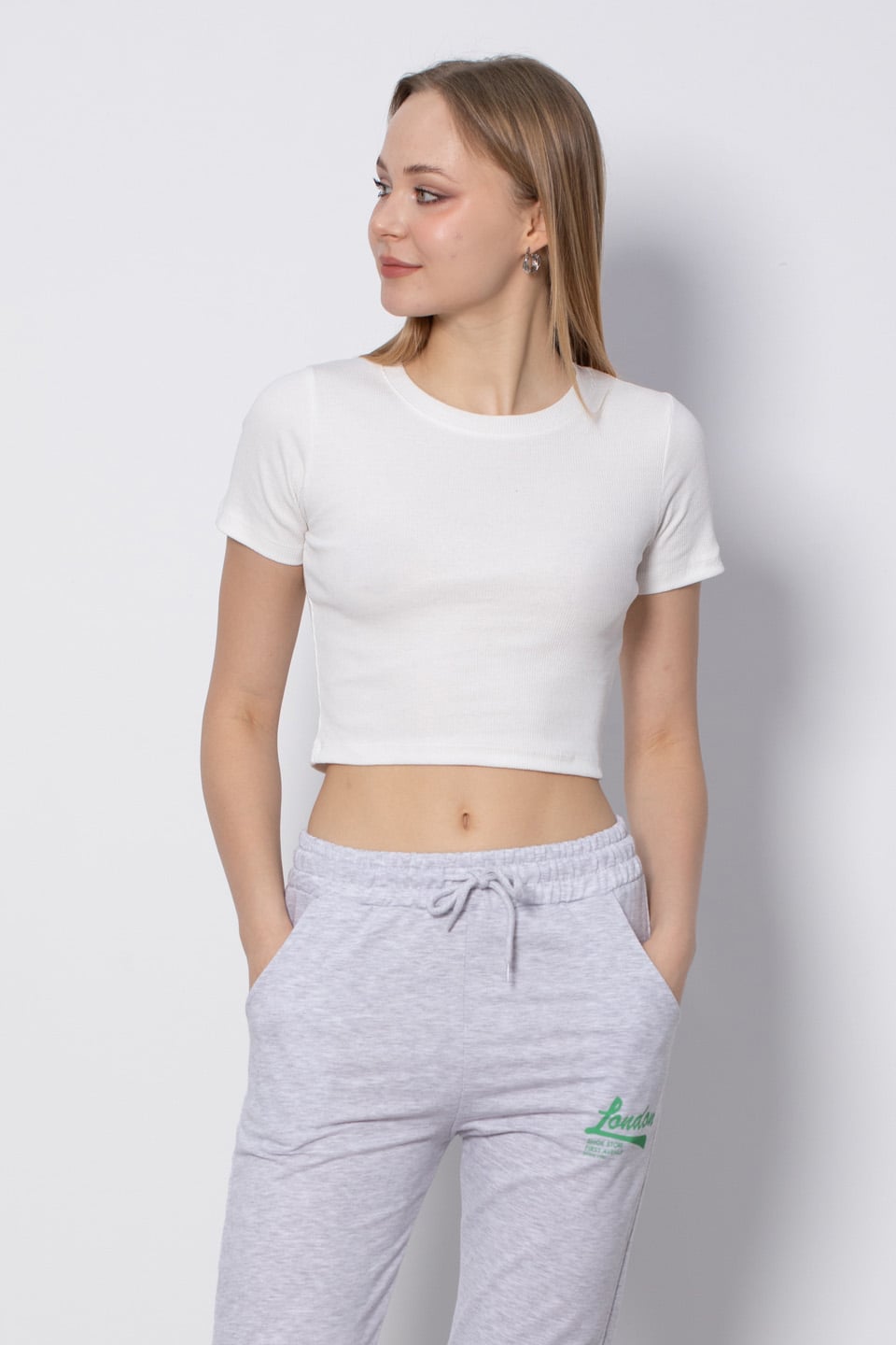 Bisiklet Yaka Crop T-Shirt - Ekru