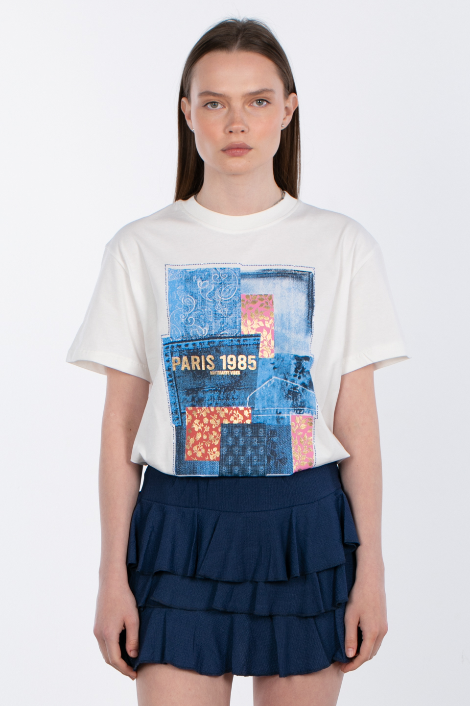 Bisiklet yaka desen baskılı t-shirt-83-794 Ekru