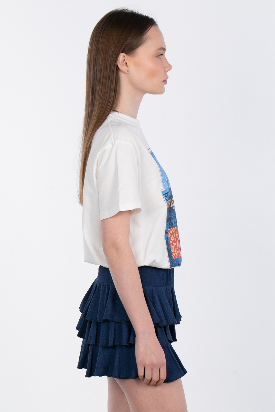 Bisiklet yaka desen baskılı t-shirt-83-794 Ekru