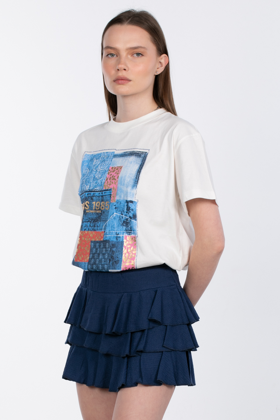 Bisiklet yaka desen baskılı t-shirt-83-794 Ekru
