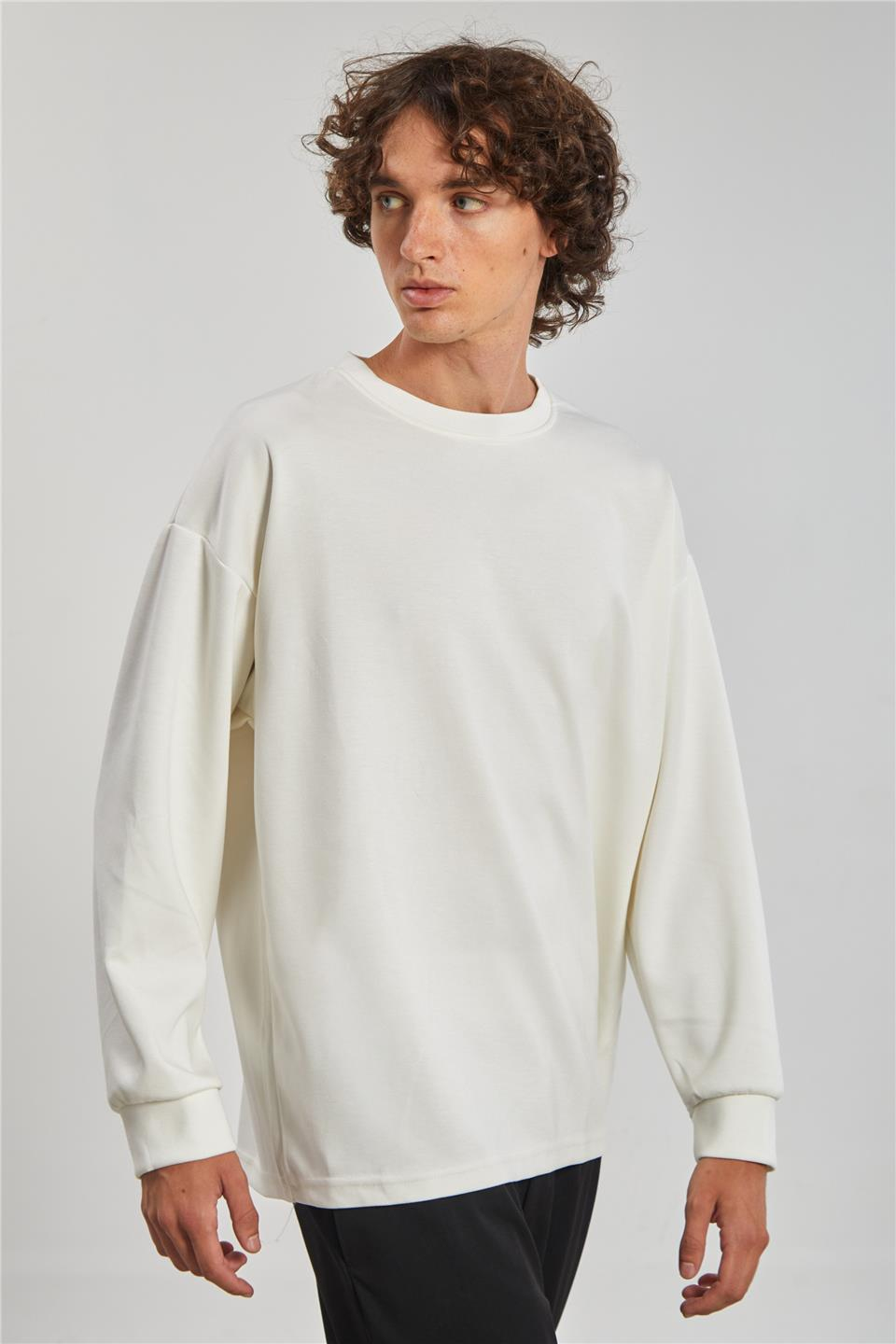 Bisiklet Yaka Erkek Sweatshirt - Ekru