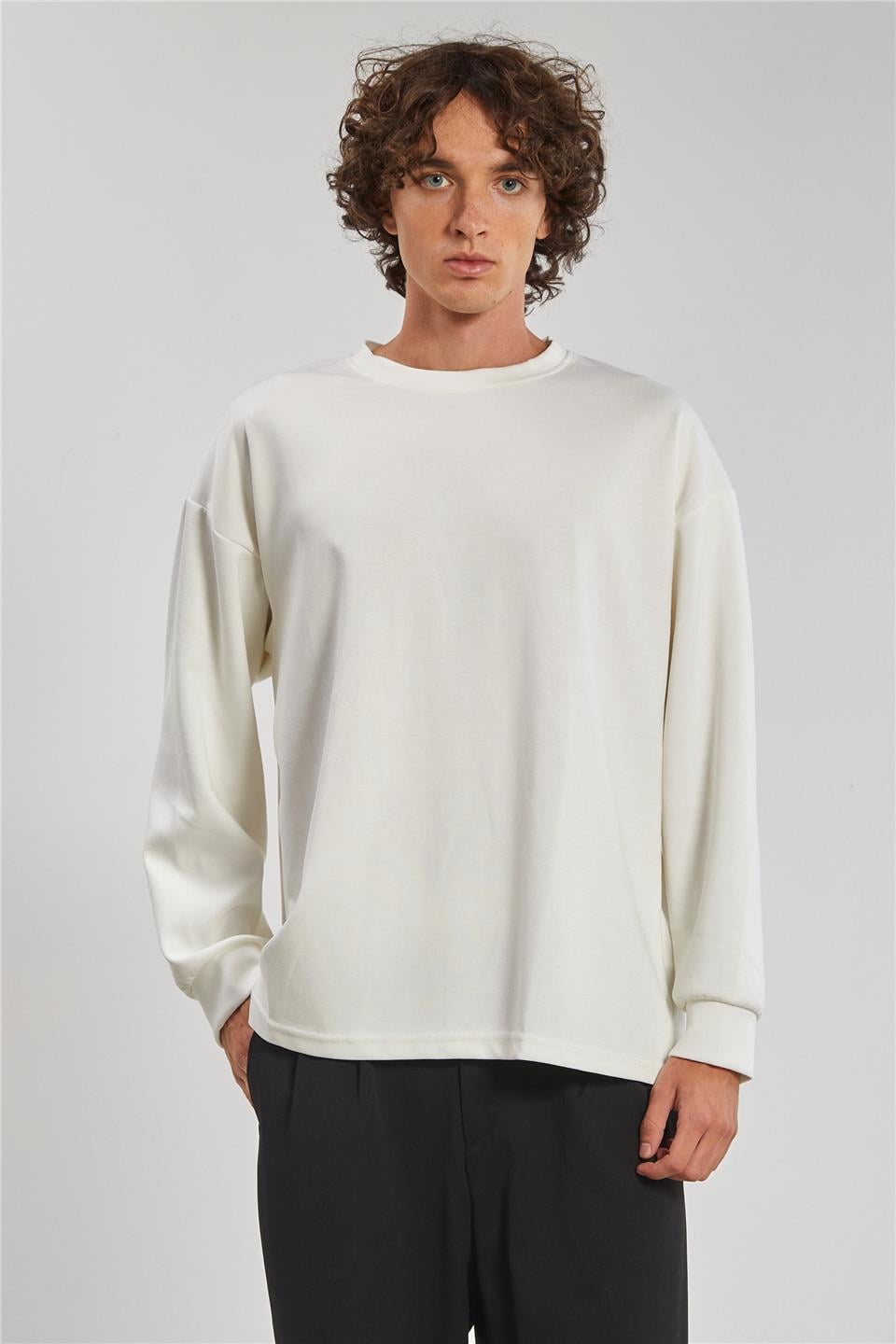 Bisiklet Yaka Erkek Sweatshirt - Ekru