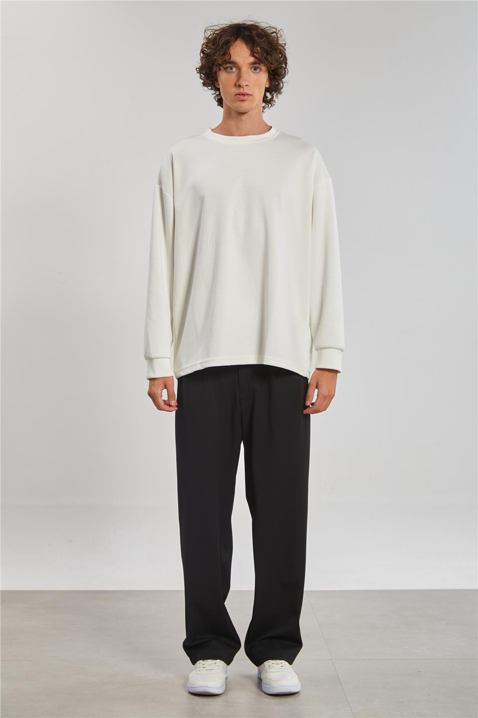 Bisiklet Yaka Erkek Sweatshirt - Ekru