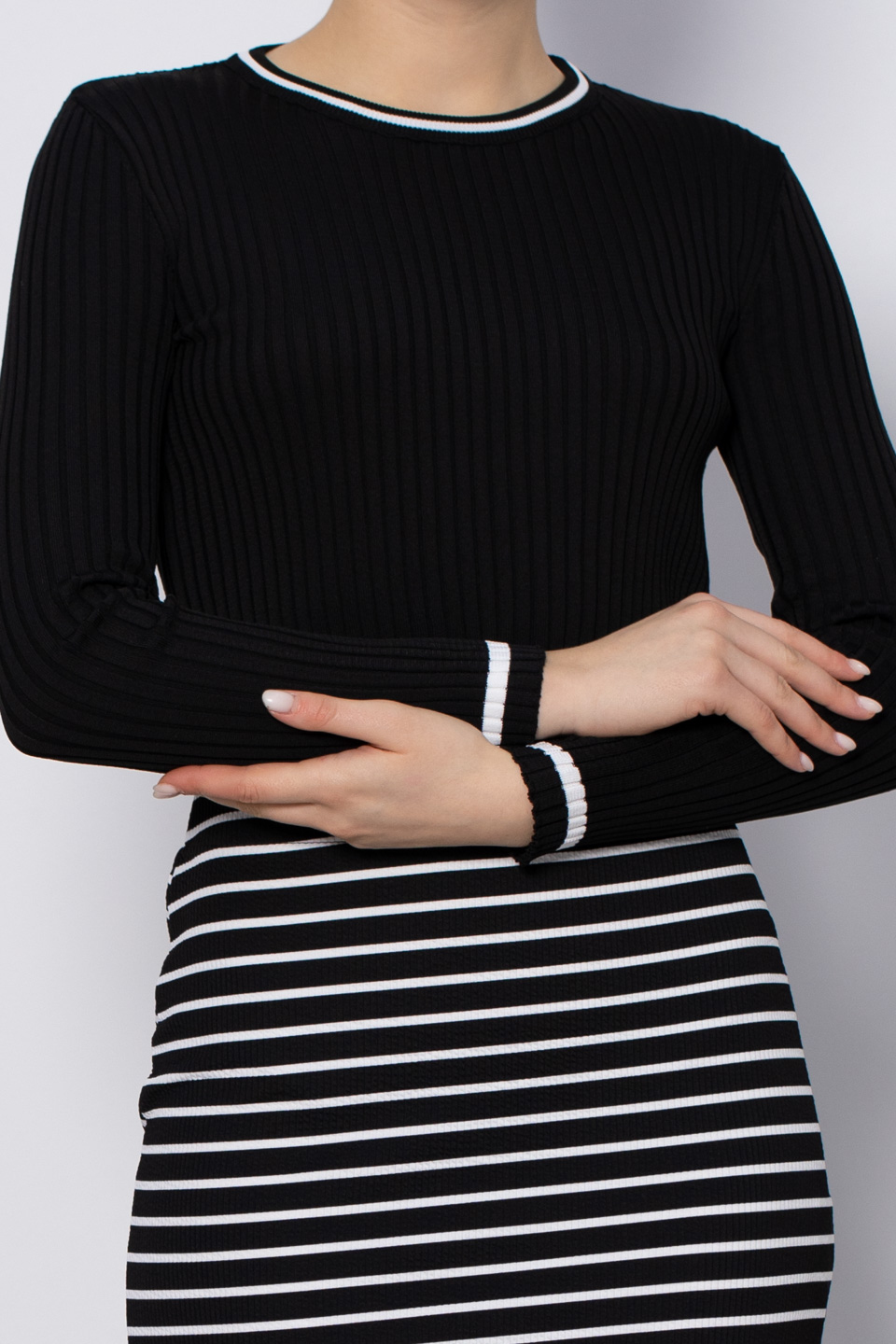 Bisiklet yaka fitilli triko body-4075 Siyah/Beyaz