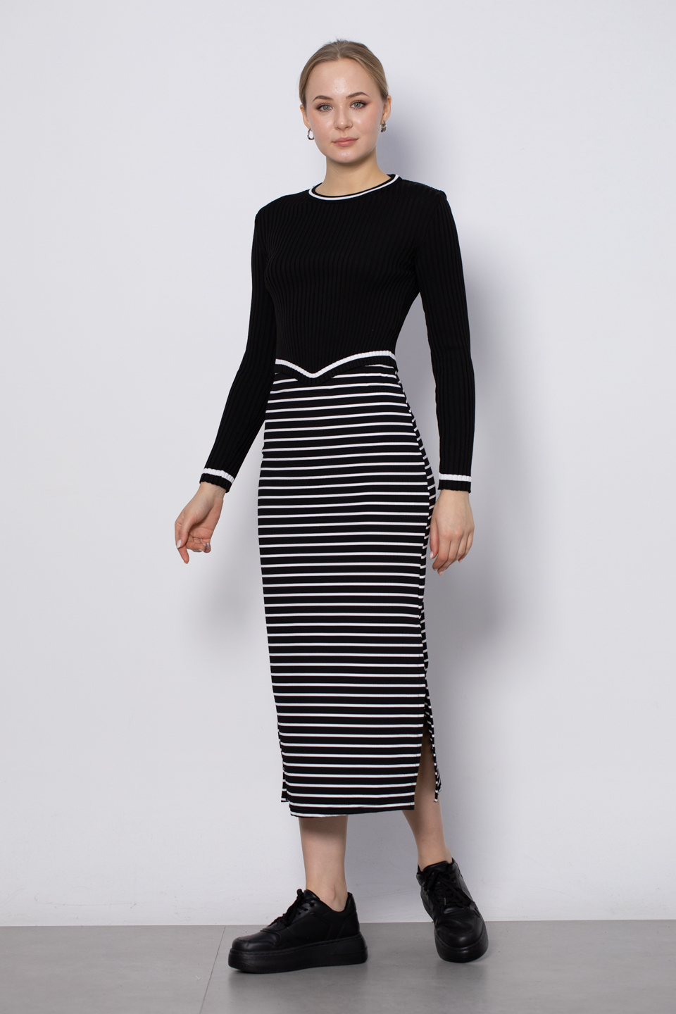 Bisiklet yaka fitilli triko body-4075 Siyah/Beyaz