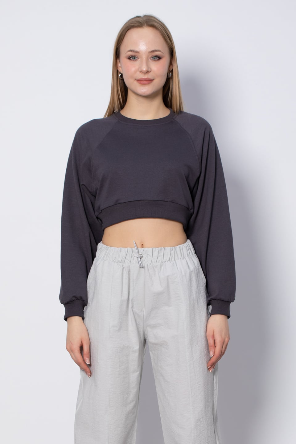 Bisiklet Yaka Kısa Sweatshirt - Antrasit