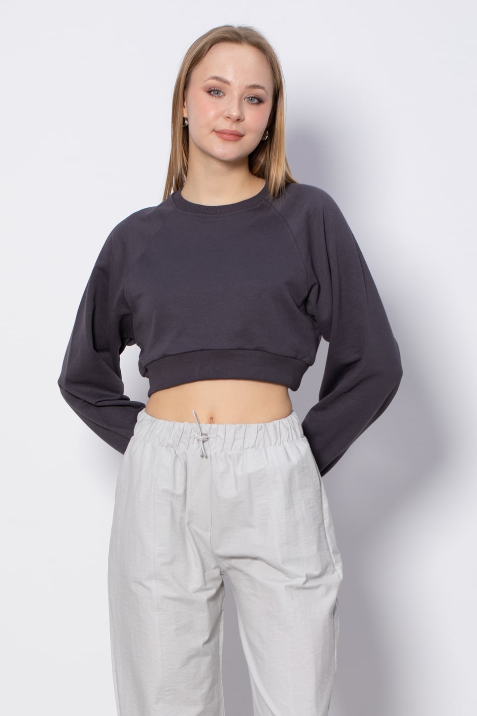 Bisiklet Yaka Kısa Sweatshirt - Antrasit