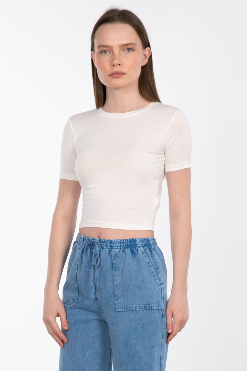 Bisiklet yaka kısa t-shirt-DVN0543 Ekru