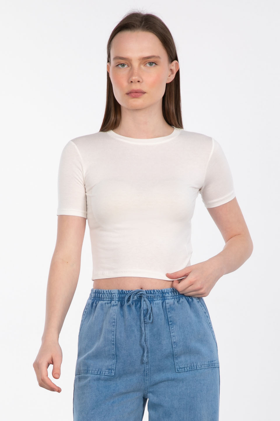 Bisiklet yaka kısa t-shirt-DVN0543 Ekru
