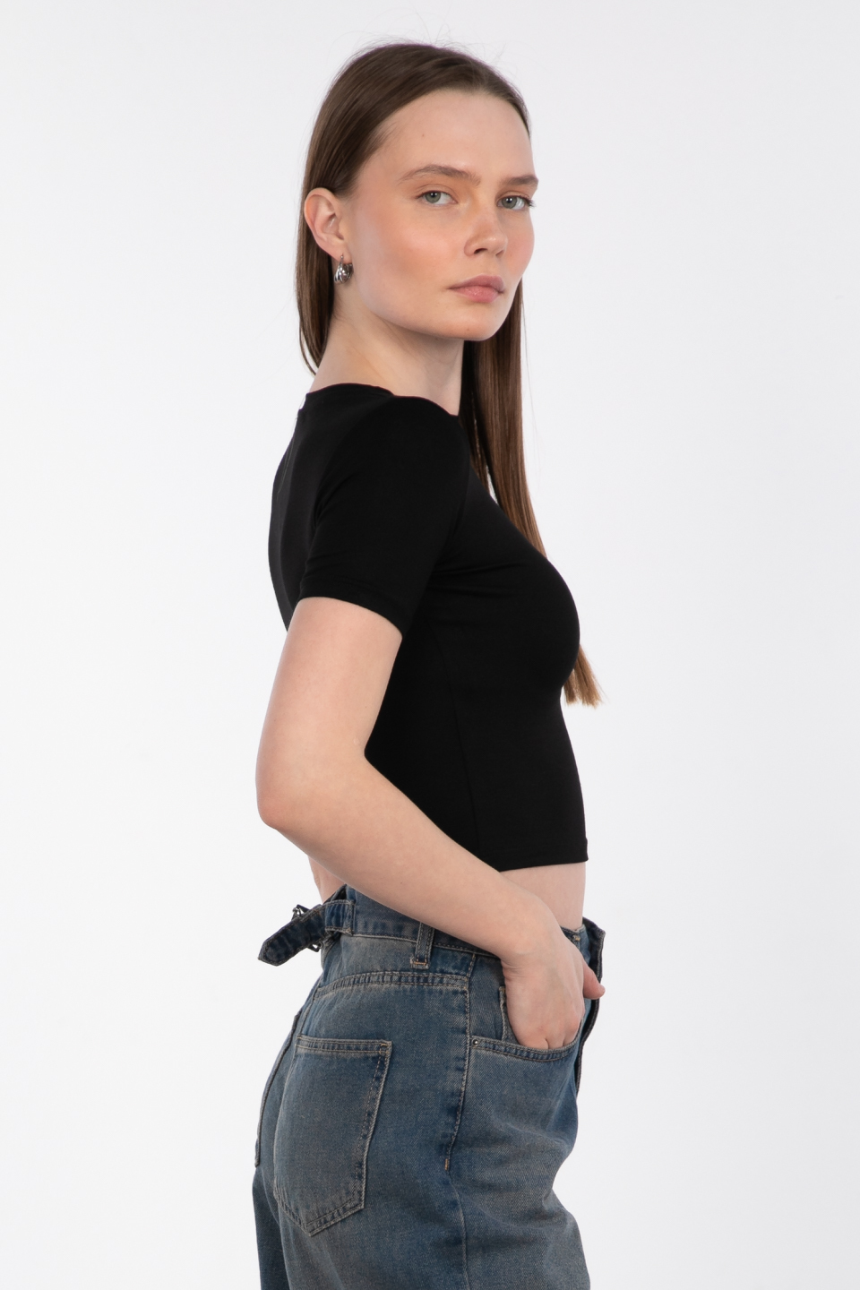 Bisiklet yaka kısa t-shirt-DVN0543 Siyah