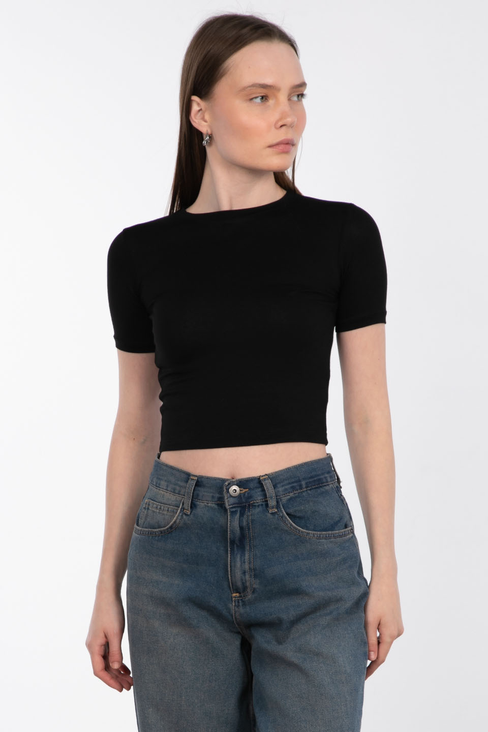 Bisiklet yaka kısa t-shirt-DVN0543 Siyah