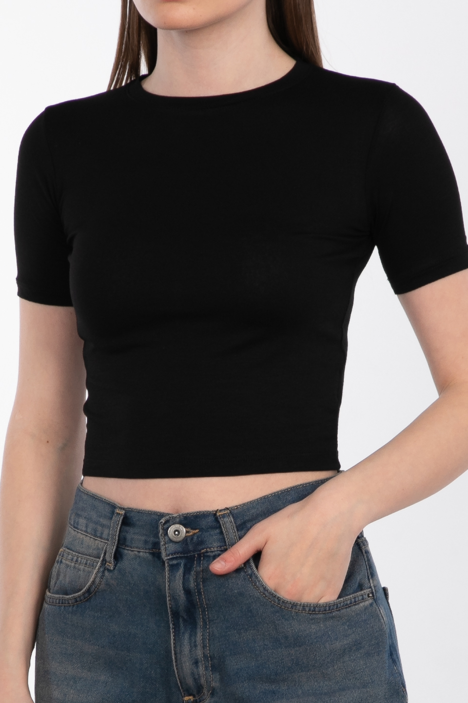 Bisiklet yaka kısa t-shirt-DVN0543 Siyah