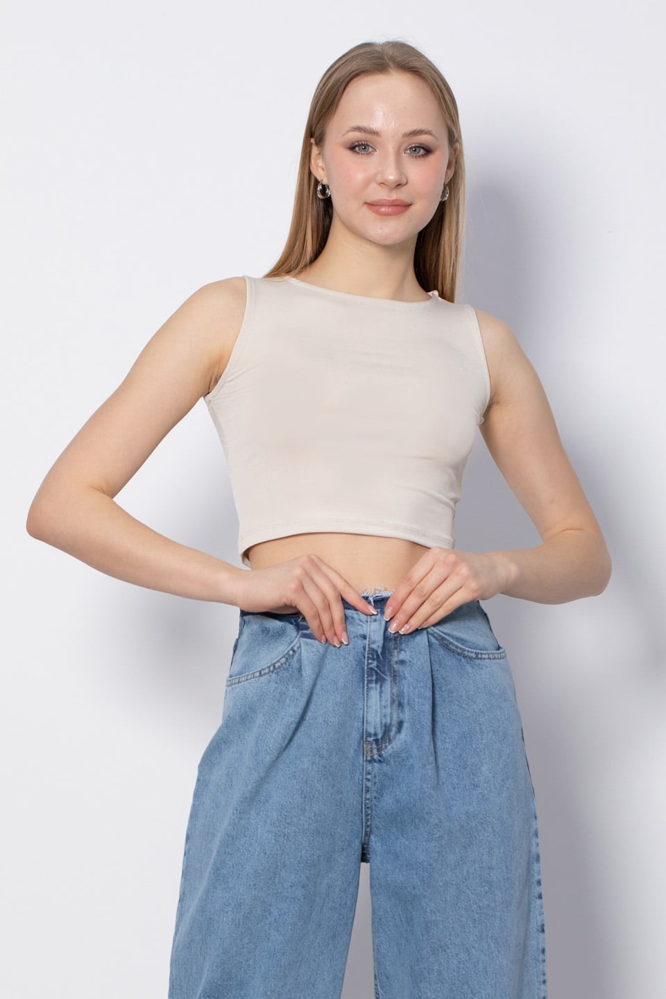 Bisiklet Yaka Kolsuz Crop Body - Taş