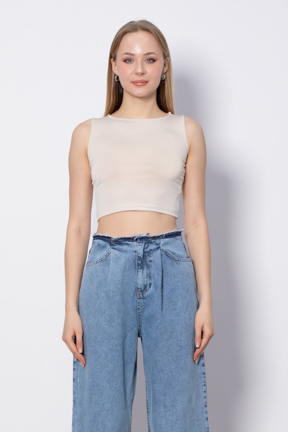 Bisiklet Yaka Kolsuz Crop Body - Taş