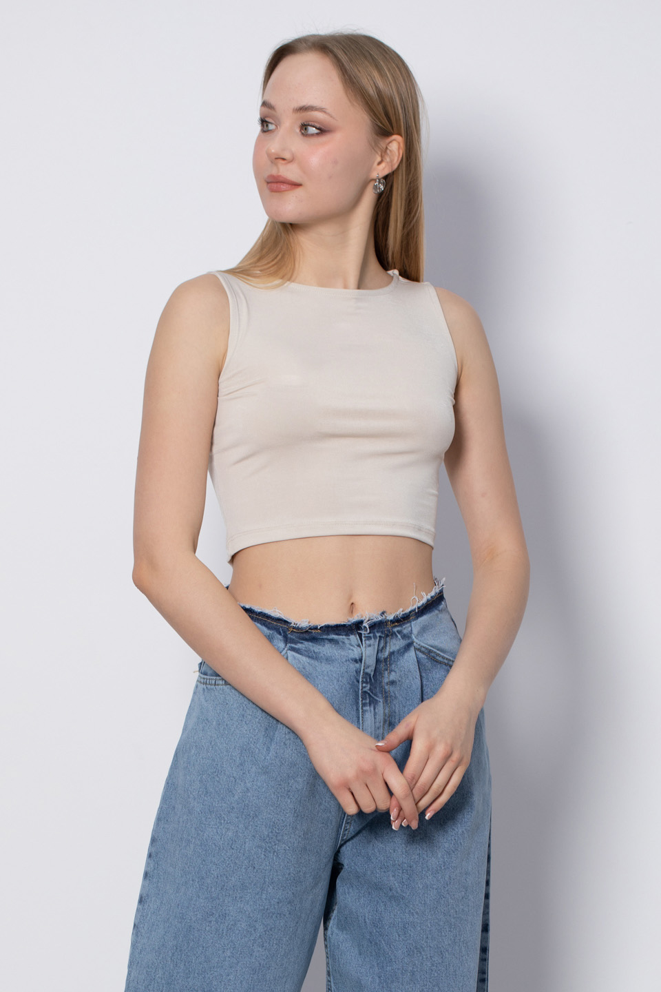 Bisiklet Yaka Kolsuz Crop Body - Taş