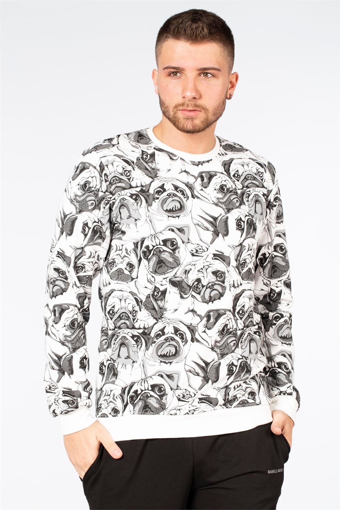 Bisiklet Yaka Köpek Baskılı Sweat-Ekru