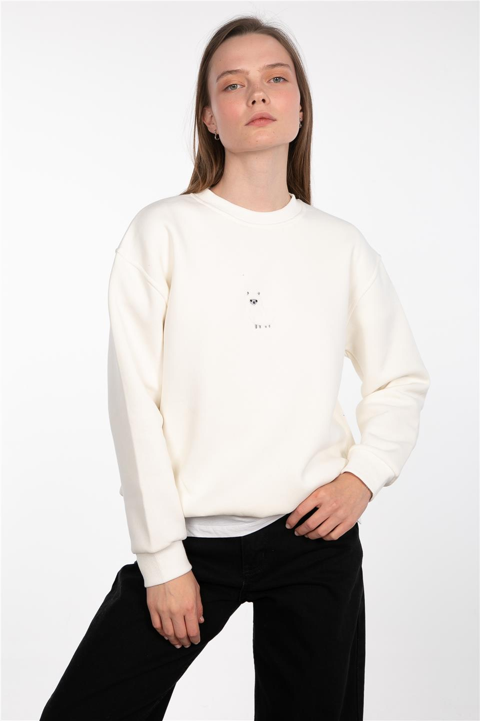 Bisiklet yaka lama detaylı sweatshirt-83-551 Ekru