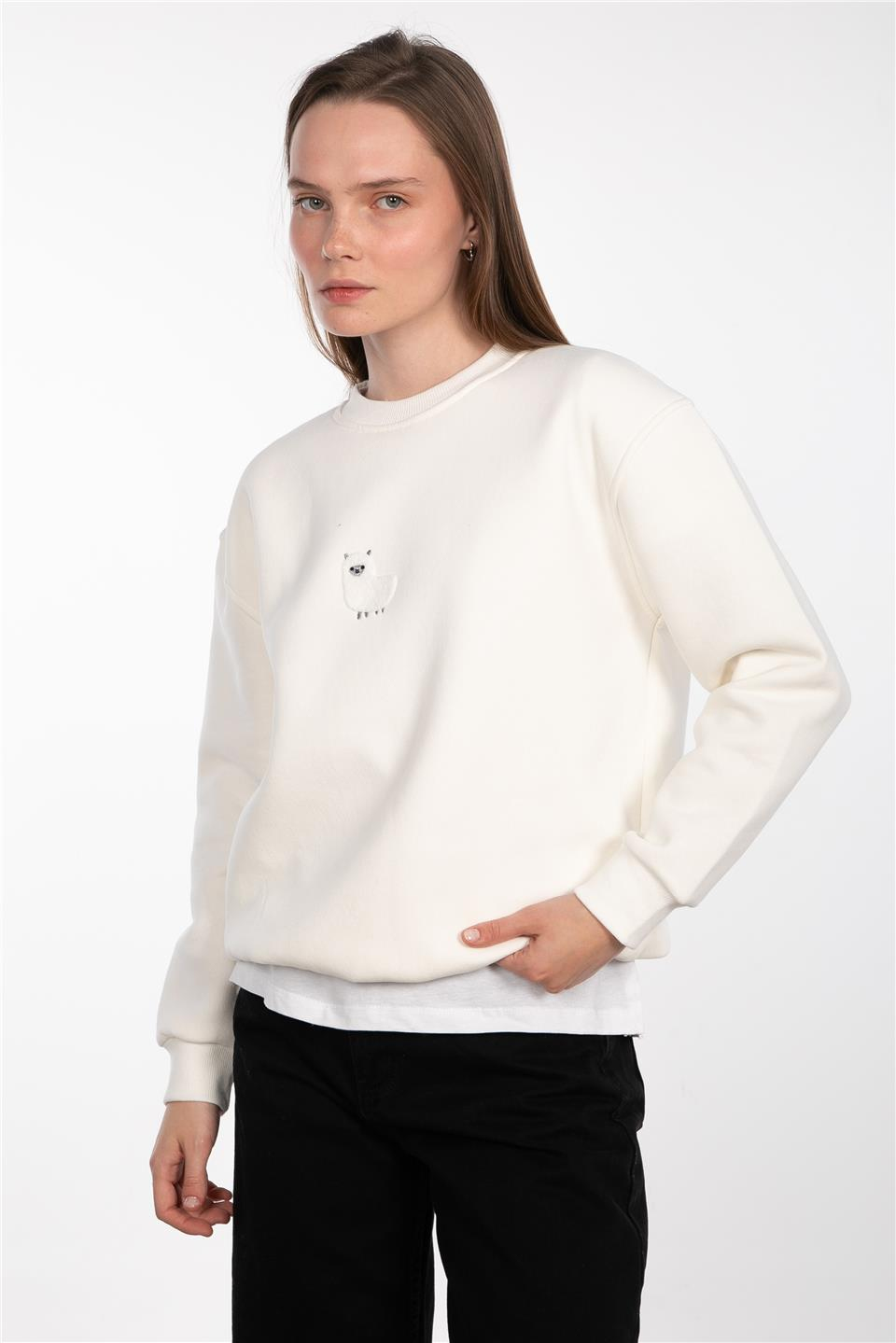 Bisiklet yaka lama detaylı sweatshirt-83-551 Ekru