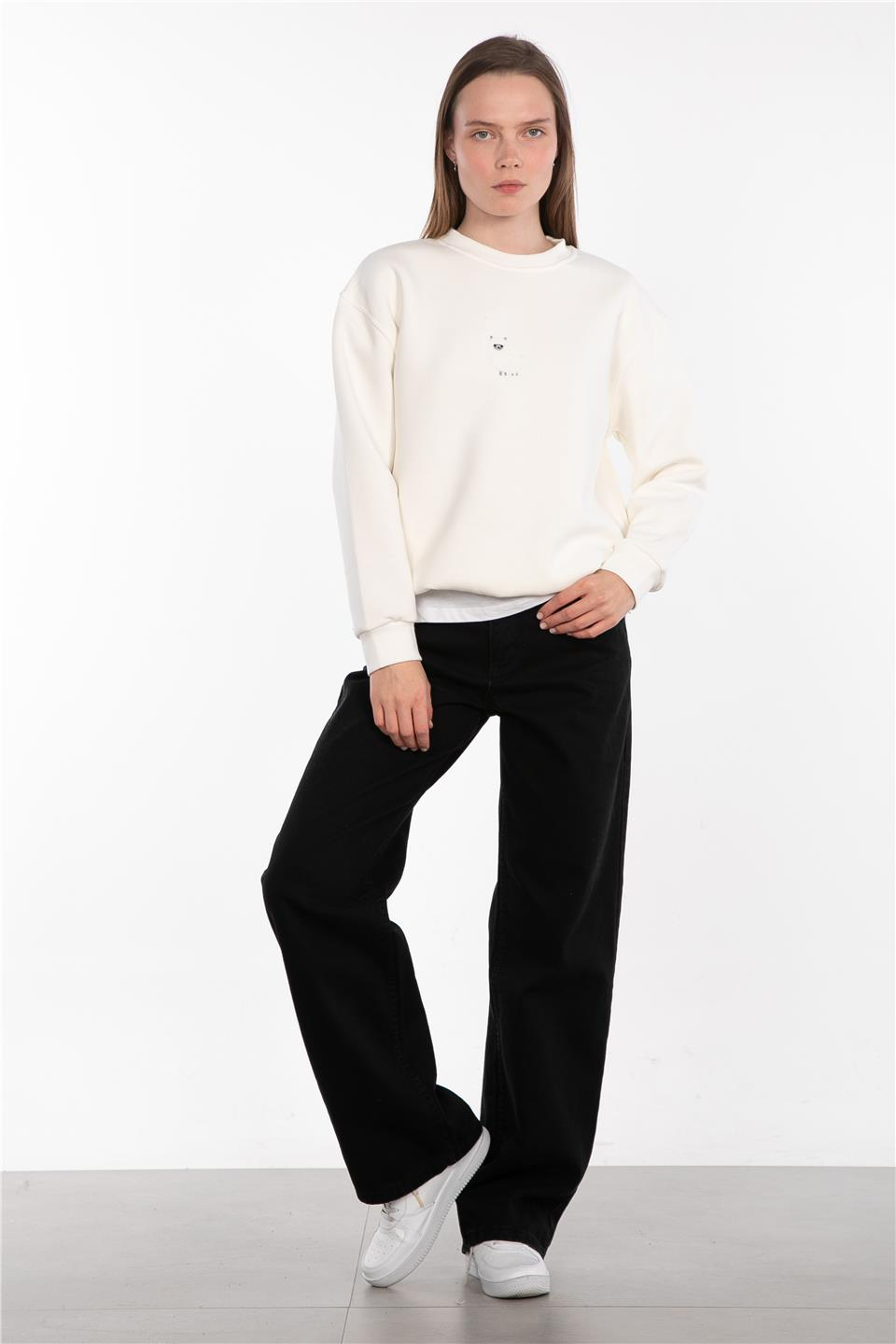 Bisiklet yaka lama detaylı sweatshirt-83-551 Ekru