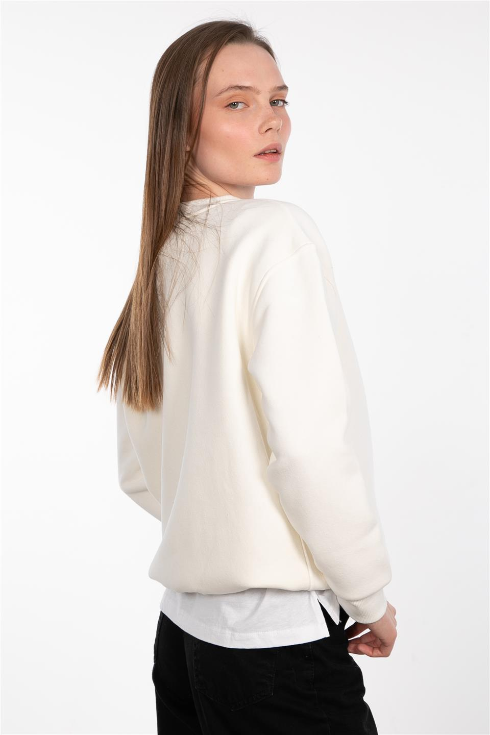 Bisiklet yaka lama detaylı sweatshirt-83-551 Ekru