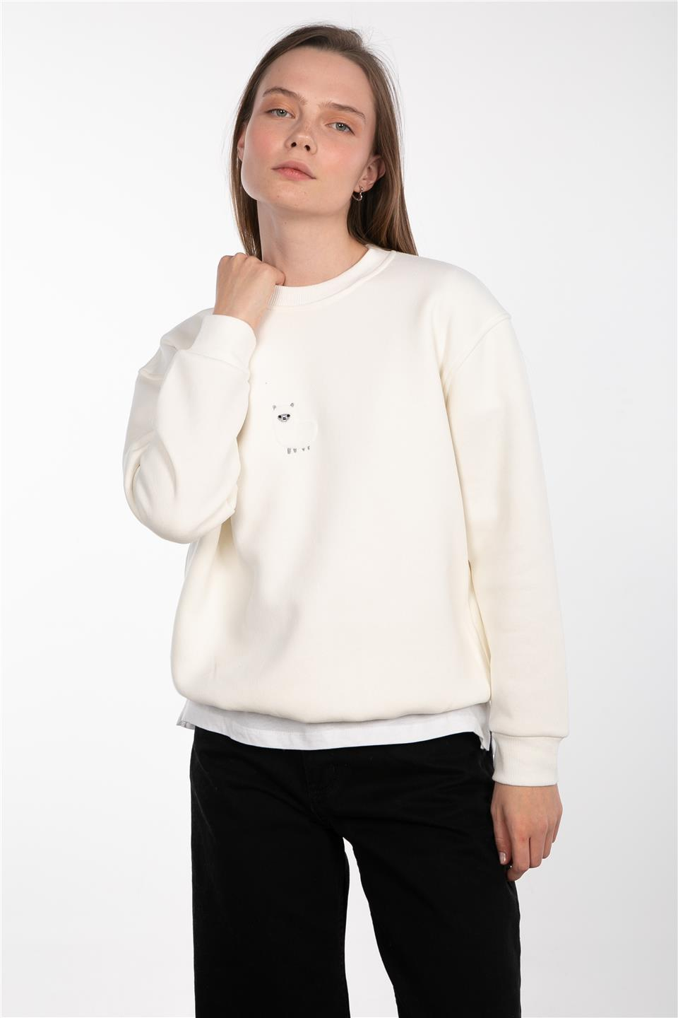 Bisiklet yaka lama detaylı sweatshirt-83-551 Ekru
