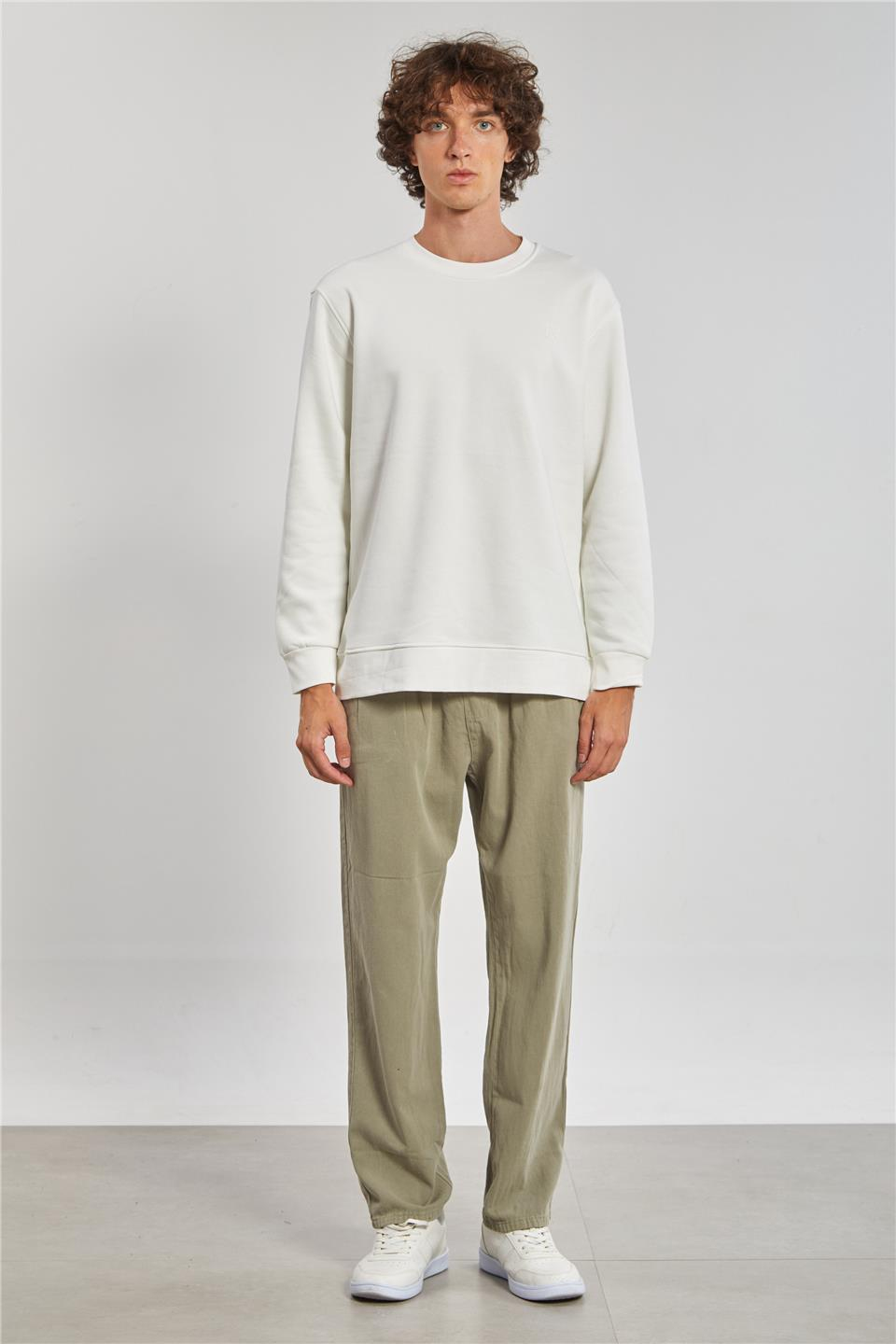 Bisiklet Yaka Logolu Erkek Sweatshirt - Ekru