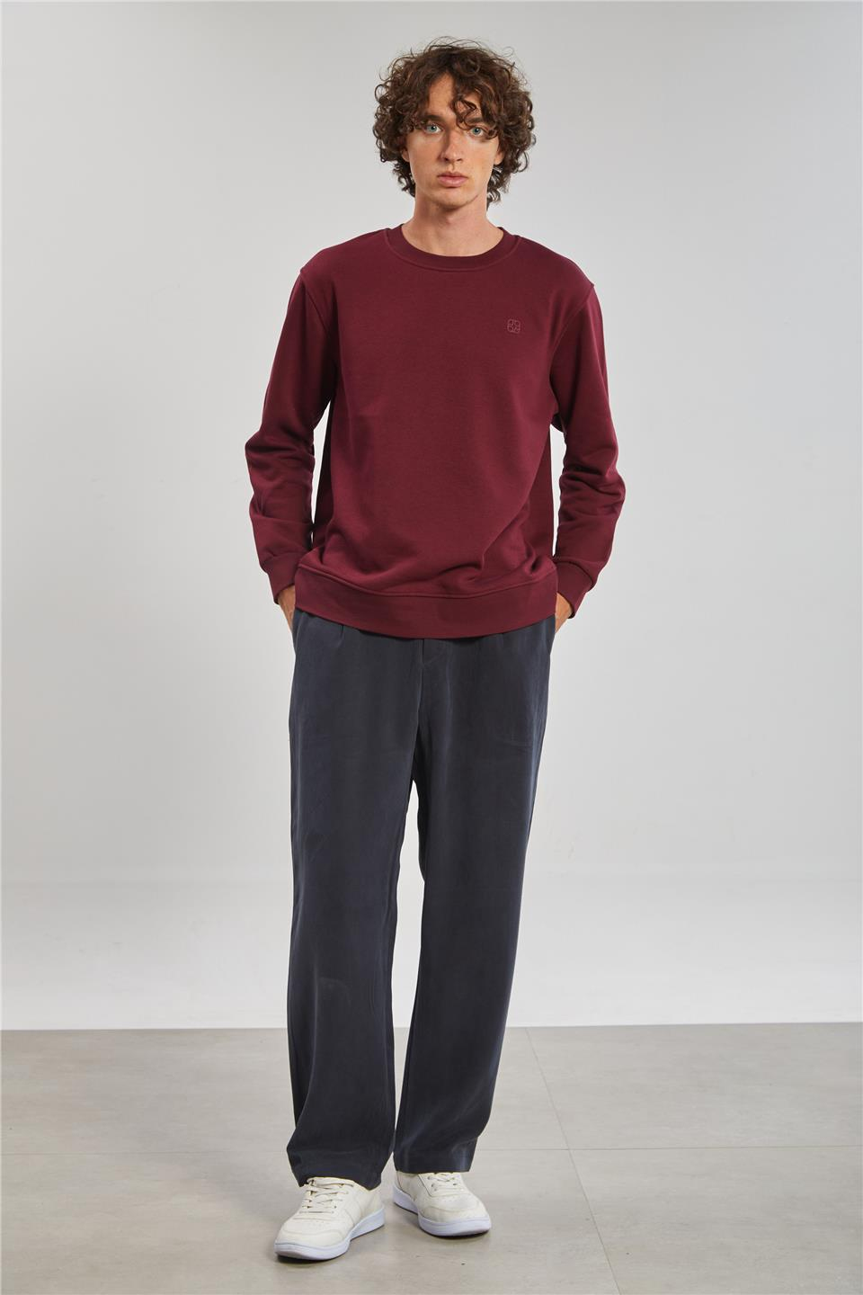 Bisiklet Yaka Logolu Erkek Sweatshirt - Bordo