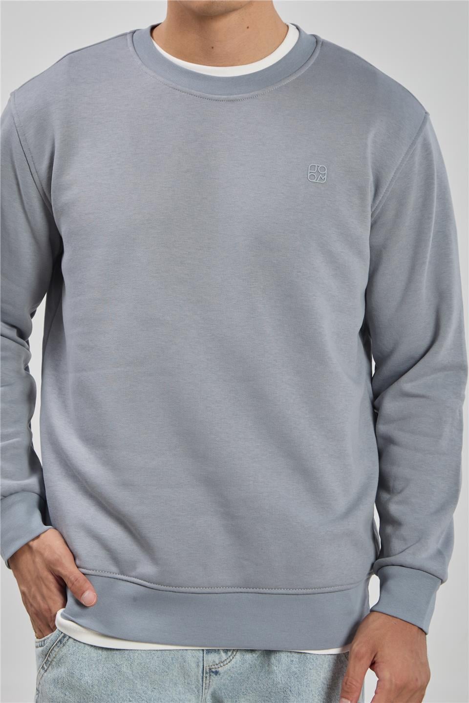 Bisiklet yaka logolu sweatshirt-1101 Açık Gri