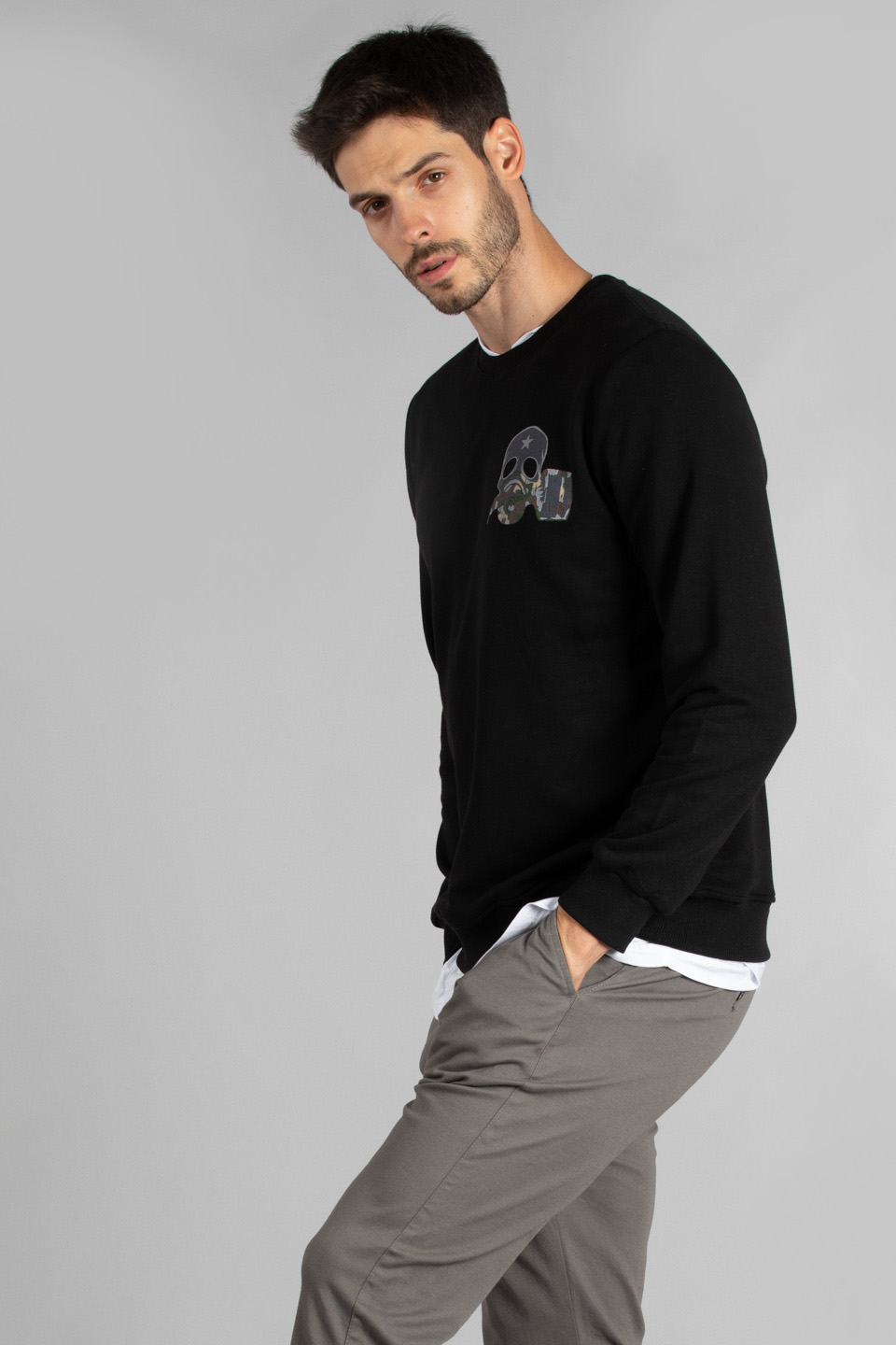 Bisiklet yaka maske baskılı sweatshirt-5150 Siyah