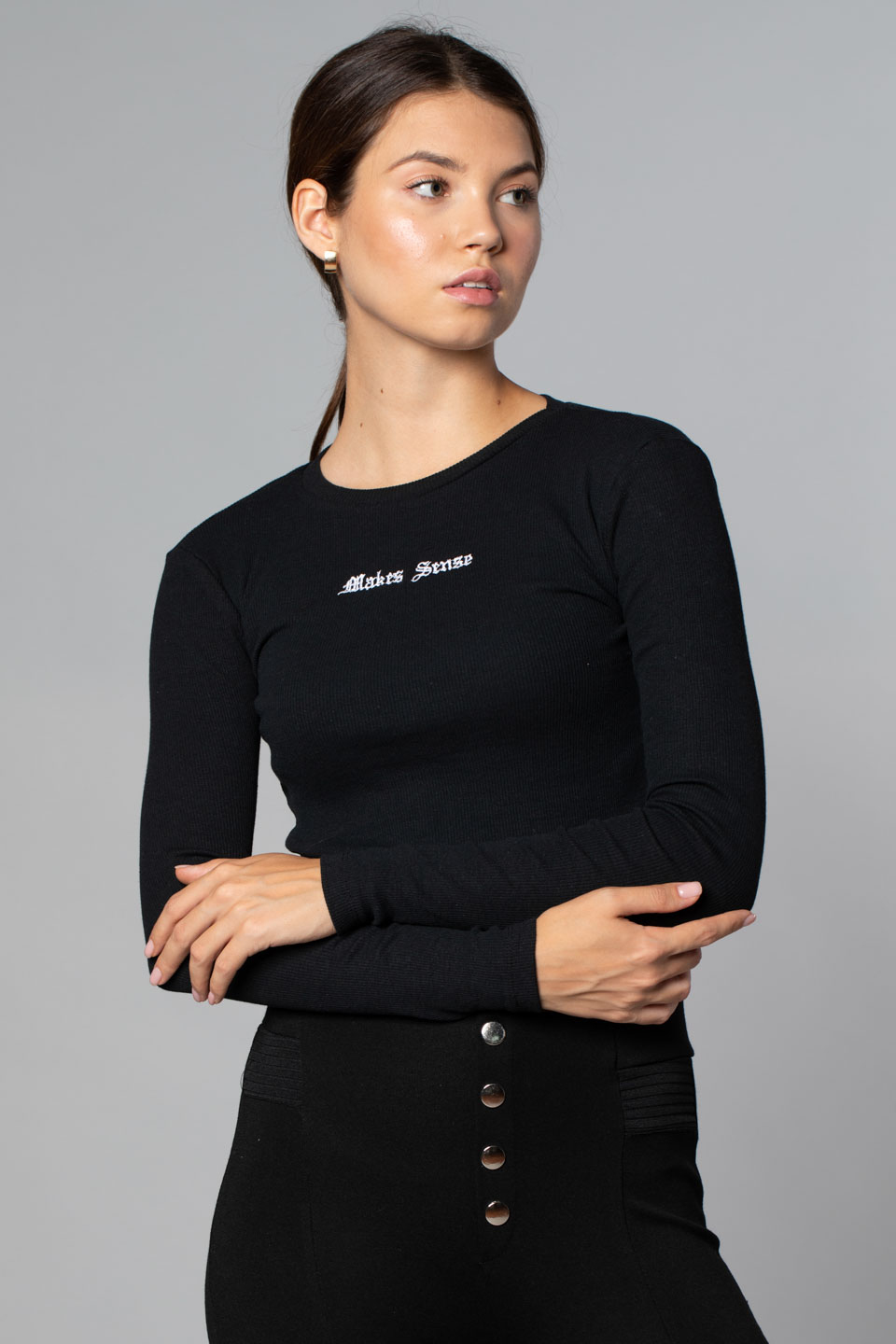 Bisiklet Yaka Nakış Detay Body-Siyah