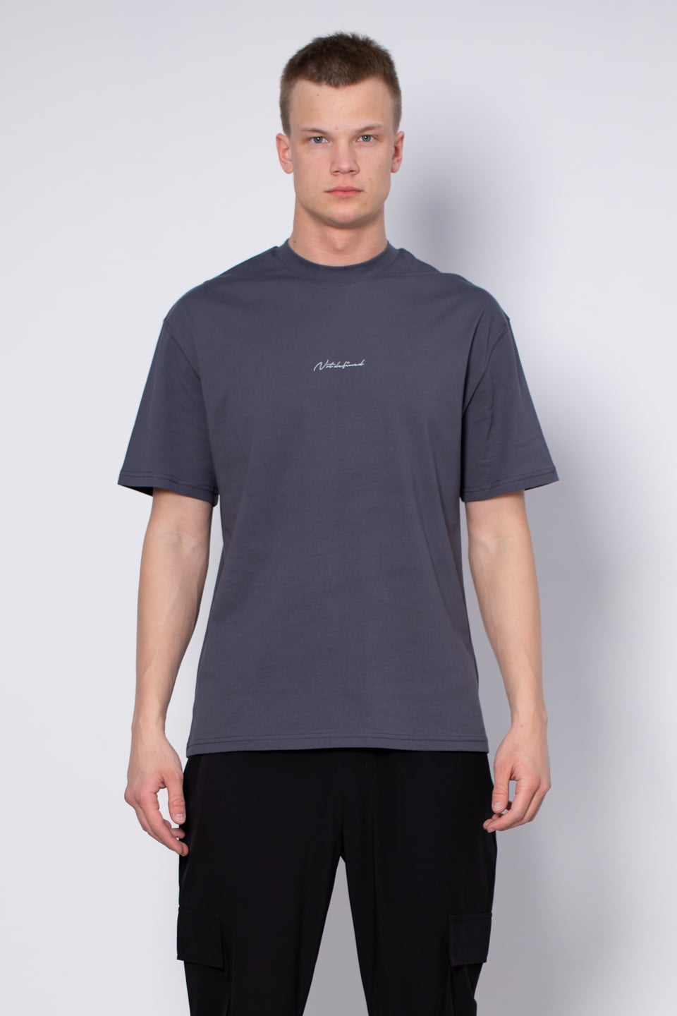 Bisiklet yaka ön yazılı t-shirt-2702 Antrasit