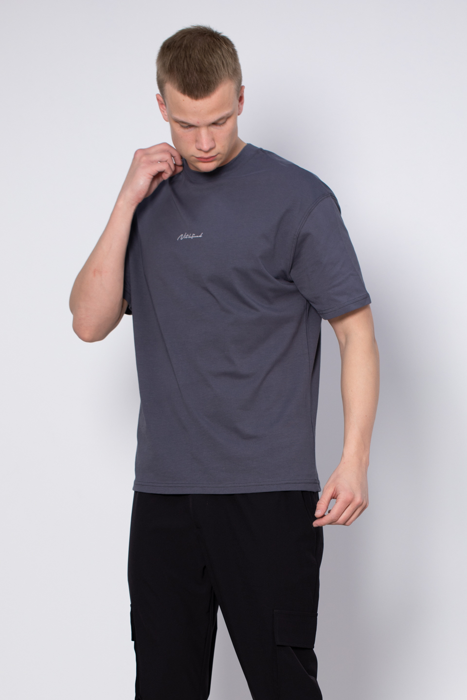 Bisiklet yaka ön yazılı t-shirt-2702 Antrasit