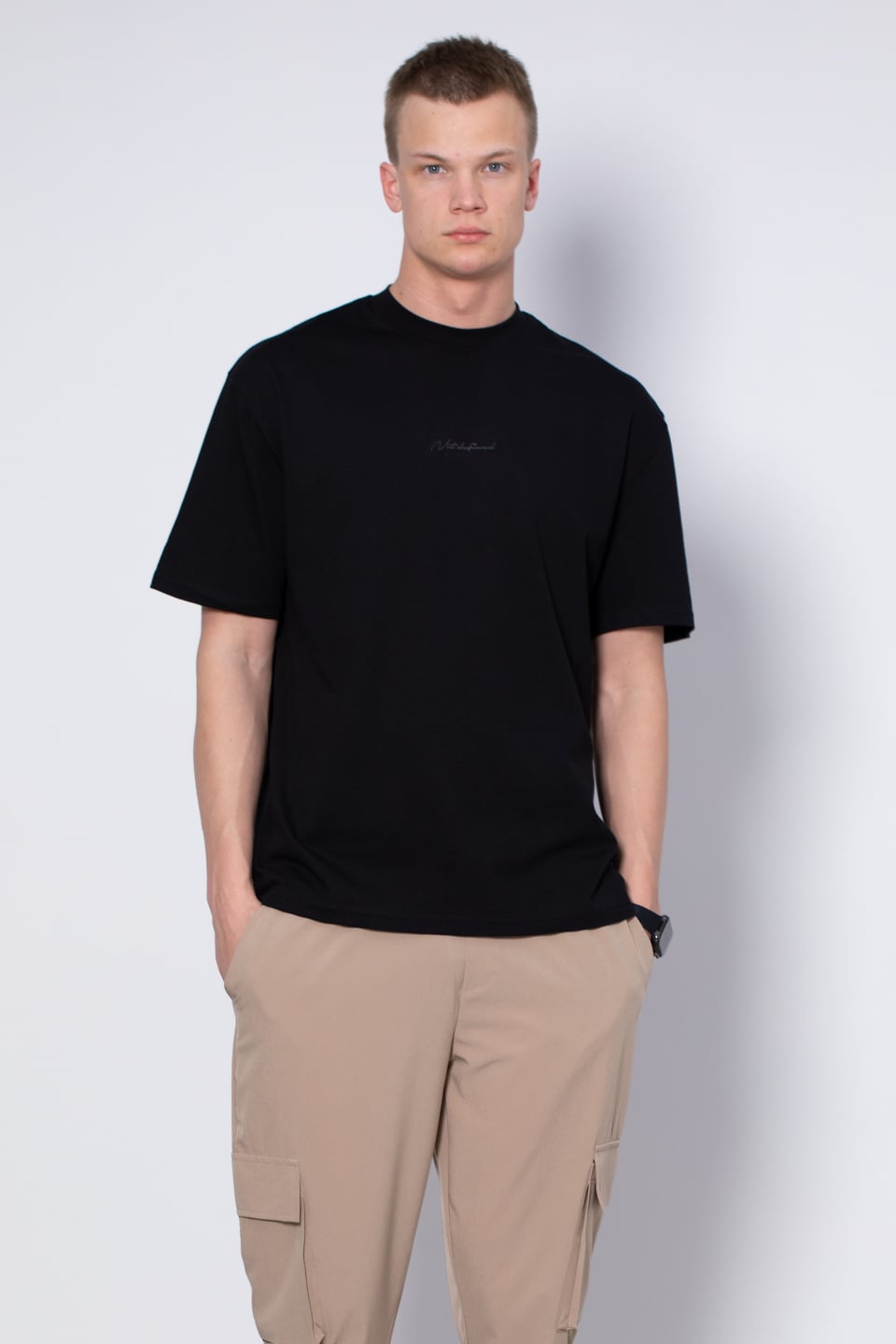 Bisiklet yaka ön yazılı t-shirt-2702 Siyah