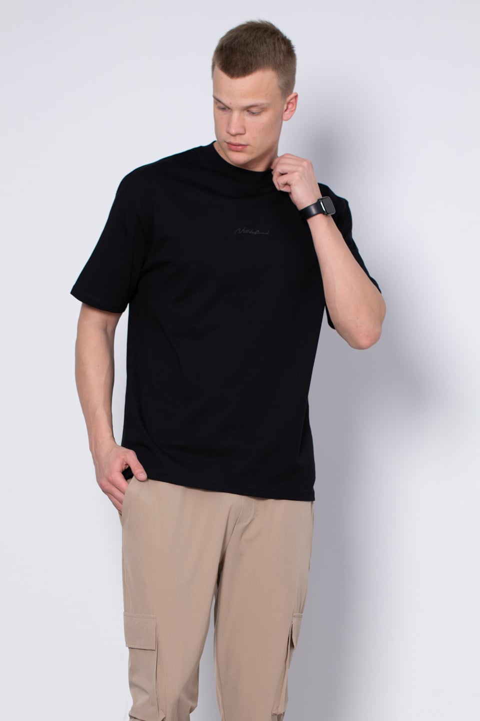 Bisiklet yaka ön yazılı t-shirt-2702 Siyah