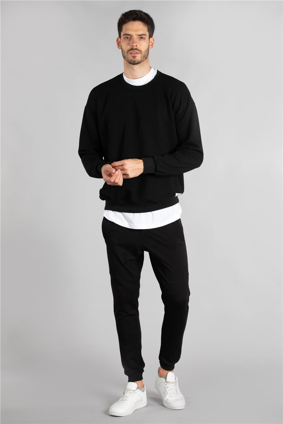 Bisiklet yaka oversize sweatshırt-1410 Siyah